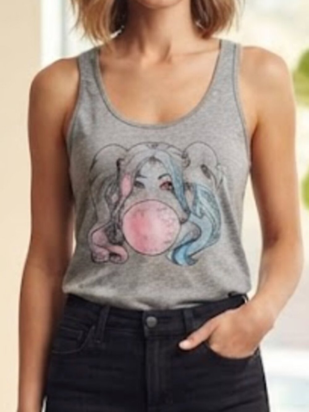 Harley Quinn Bubblegum Girl Gray Graphic Tank Top Size M